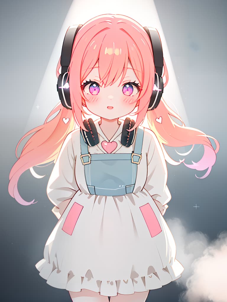  1 pretty girl,upper body,winking,cheek to cheek,semi long,hearts twin tail,gamer,headphones,overall,peach hair elastic, hair,front hyperrealistic, full body, detailed clothing, highly detailed, cinematic lighting, stunningly beautiful, intricate, sharp focus, f/1. 8, 85mm, (centered image composition), (professionally color graded), ((bright soft diffused light)), volumetric fog, trending on instagram, trending on tumblr, HDR 4K, 8K