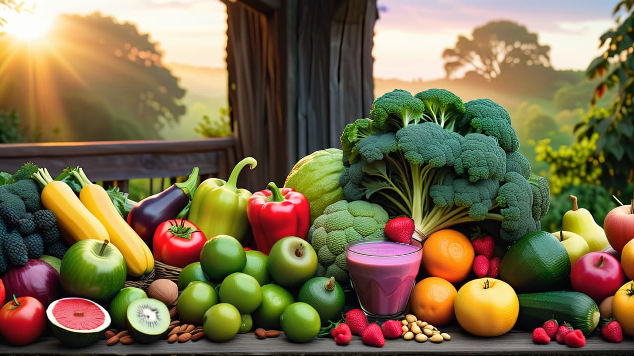  a vibrant display of fresh fruits and vegetables arranged artistically on a wooden table, with sunlit greenery in the background, showcasing colorful smoothies, nuts, and seeds in rustic bowls for a raw food diet transition. hyperrealistic, full body, detailed clothing, highly detailed, cinematic lighting, stunningly beautiful, intricate, sharp focus, f/1. 8, 85mm, (centered image composition), (professionally color graded), ((bright soft diffused light)), volumetric fog, trending on instagram, trending on tumblr, HDR 4K, 8K