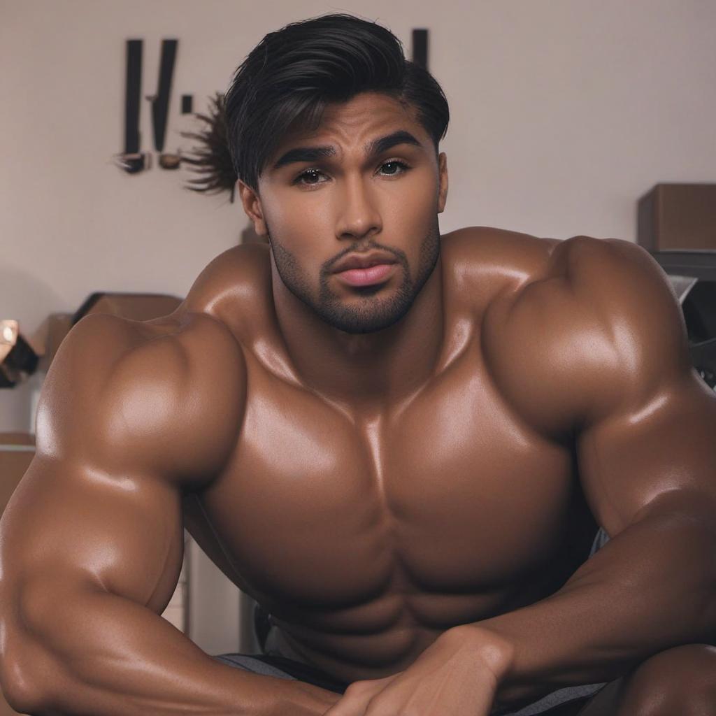  male with dark brown eyes, brown skin, black hair and muscles, profile image style