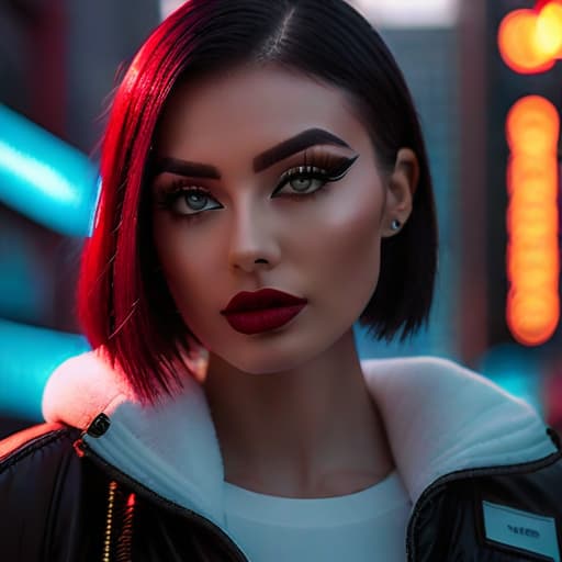  ultra realistic close up portrait ((beautiful pale cyberpunk female with heavy black eyeliner)), blue eyes, shaved side haircut, hyper detail, cinematic lighting, magic neon, dark red city, canon eos r3, nikon, f/1.4, iso 200, 1/160s, 8k, raw, unedited, symmetrical balance, in frame, 8k hyperrealistic, full body, detailed clothing, highly detailed, cinematic lighting, stunningly beautiful, intricate, sharp focus, f/1. 8, 85mm, (centered image composition), (professionally color graded), ((bright soft diffused light)), volumetric fog, trending on instagram, trending on tumblr, HDR 4K, 8K