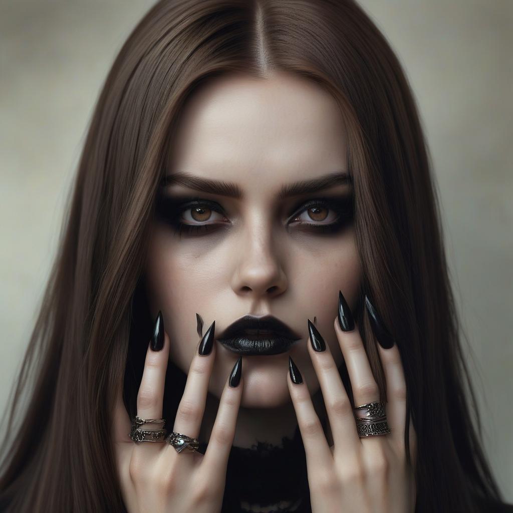  hyperrealistic art girl, gothic, long brown hair, long black sharp nails . extremely high resolution details, photographic, realism pushed to extreme, fine texture, incredibly lifelike