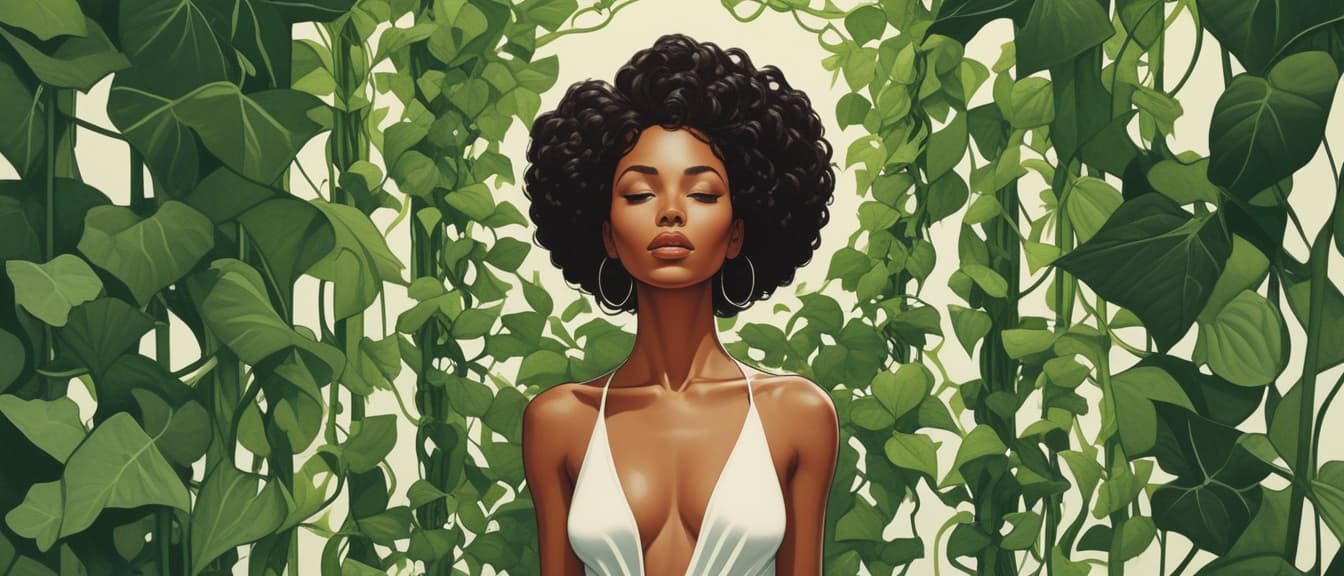  minimalism, a beautiful black woman surrounded by green vines. their entire body., abstract, simple geometic shapes, hard edges, sleek contours, minimalism