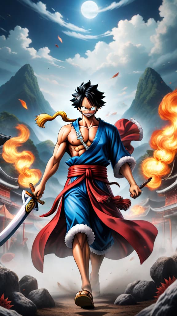  kozuki oden from one piece battling kaido with dual swords, enma and ame no habakiri, anime art hyperrealistic, full body, detailed clothing, highly detailed, cinematic lighting, stunningly beautiful, intricate, sharp focus, f/1. 8, 85mm, (centered image composition), (professionally color graded), ((bright soft diffused light)), volumetric fog, trending on instagram, trending on tumblr, HDR 4K, 8K