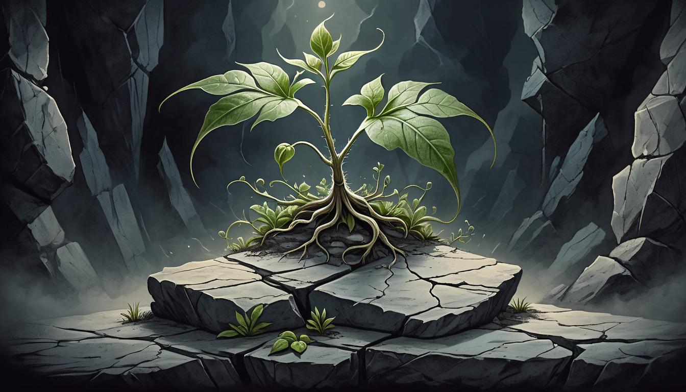  on parchment, surrealism+++, a plant growing from a cracked stone, tendrils reaching upwards, dark background with hints of light, resilience, self growth, independence(mysterious, provocative, symbolic,muted color)+++