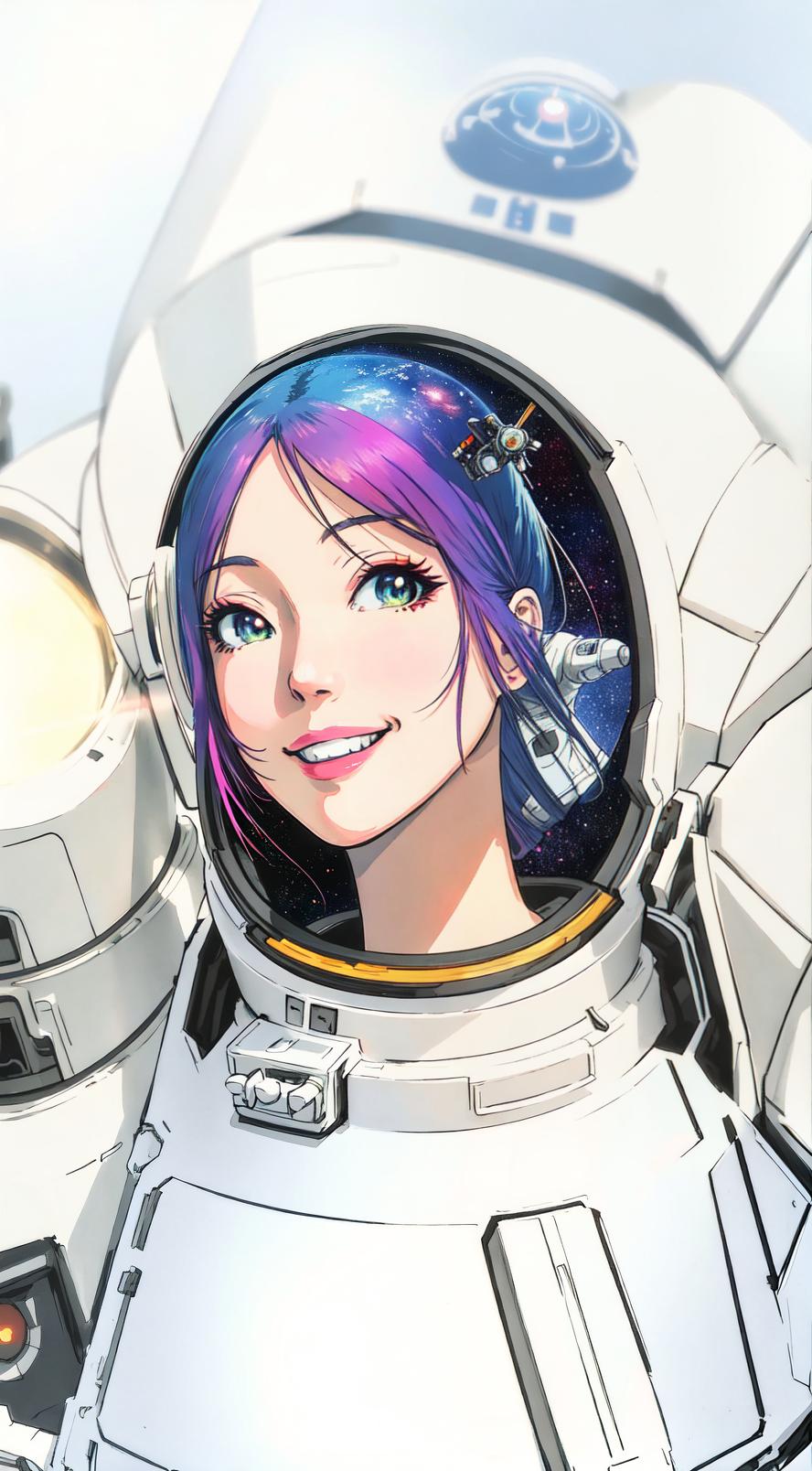  anime style, astronaut, space background, wearing space suit, comic book style, vibrant colors, detailed spaceship interior, character smiling, warm lighting hyperrealistic, full body, detailed clothing, highly detailed, cinematic lighting, stunningly beautiful, intricate, sharp focus, f/1. 8, 85mm, (centered image composition), (professionally color graded), ((bright soft diffused light)), volumetric fog, trending on instagram, trending on tumblr, HDR 4K, 8K