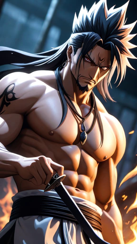  anime art: kenpachi zaraki's inner struggle with unrevealed zanpakuto's power. hyperrealistic, full body, detailed clothing, highly detailed, cinematic lighting, stunningly beautiful, intricate, sharp focus, f/1. 8, 85mm, (centered image composition), (professionally color graded), ((bright soft diffused light)), volumetric fog, trending on instagram, trending on tumblr, HDR 4K, 8K