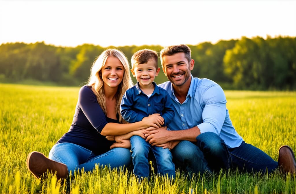  professional detailed photography, happy young family of 3, mom, dad, son sitting on a meadow ar 3:2, (muted colors, dim colors, soothing tones), (vsco:0.3)