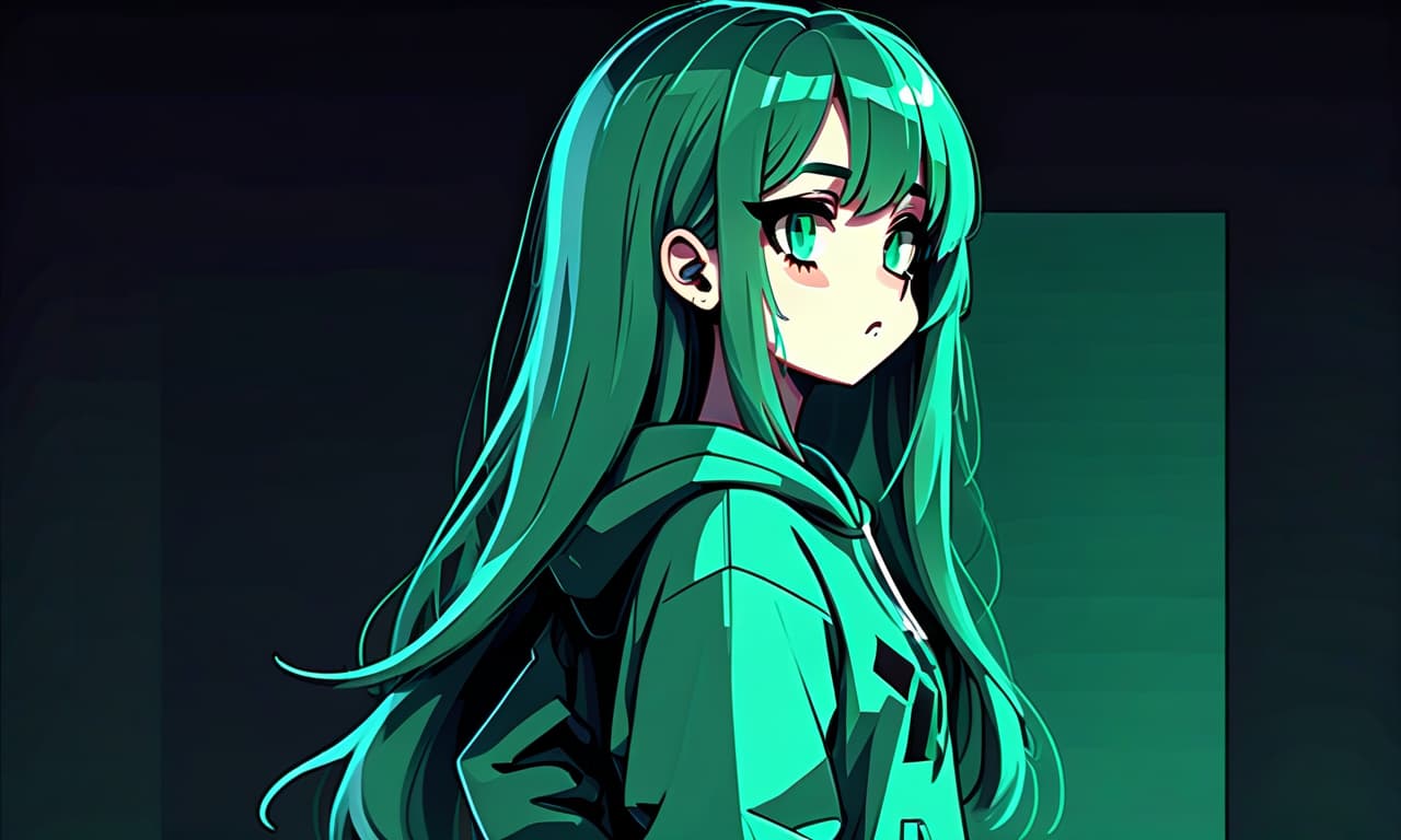  pixel art a girl in anime and pixel art style with long hair stands in the dark dressed in a dark green sweatshirt and pants. the girl looks into the darkness with black lower eyelids under the eyes of turquoise color full of fear of the unknown and curiosity. she's holding her hand in front of her. . low res, blocky, pixel art style, 8 bit graphics