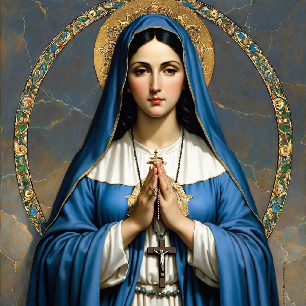  the blessed mary with black hair, a blue mantle, holding a rosary in her hands in prayer. there is a halo around her head and styled as sacred art.