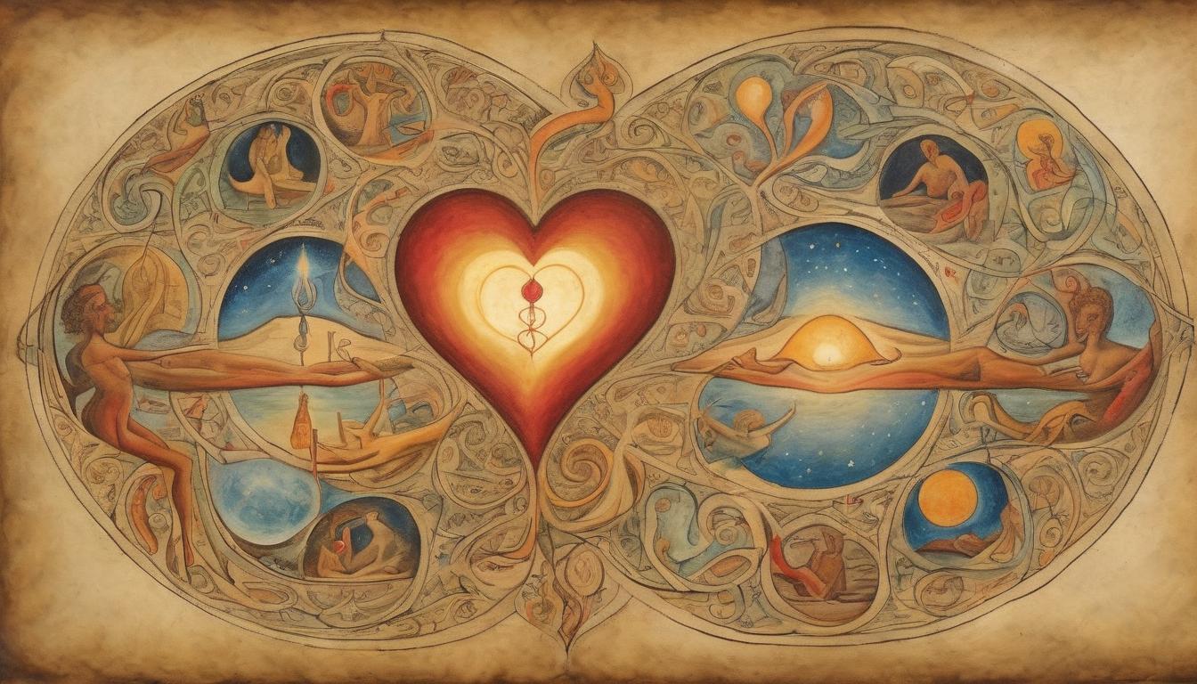  on parchment, surrealism++, a glowing heart entwined with divine light, representing love and sacrifice, set against a backdrop of swirling cosmic energies, emotive and spiritual(mysterious, provocative, symbolic)++