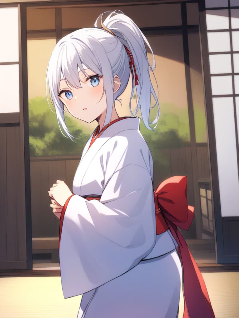  white hair,pony tail,girl,japanese style,light blue eyes,