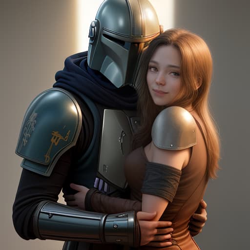  a mandalorian man and a girl stand next to him, hugging., photorealistic, hyperrealistic, hyperdetailed, analog style, demure, detailed skin, pores, smirk, smiling eyes, matte skin, soft lighting, subsurface scattering, realistic, heavy shadow, masterpiece, best quality, ultra realistic, 8k, golden ratio, intricate, high detail, film photography, soft focus