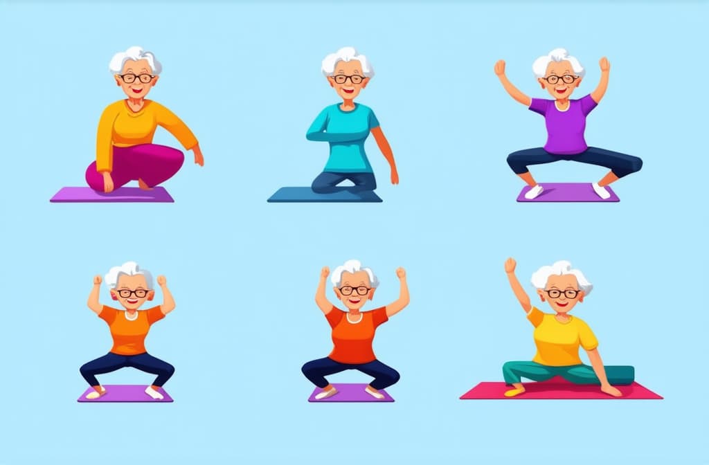  elderly people cartoon characters doing sports, practicing yoga, enjoying aerobics and gymnastics. flat illustration ar 3:2 {prompt}, maximum details