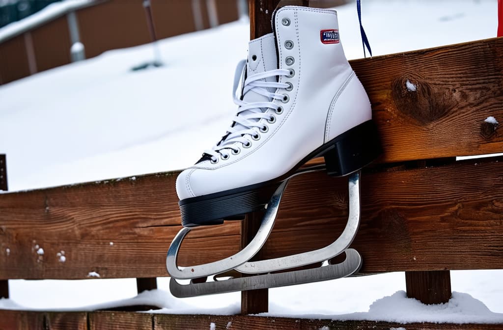  close up of white skates hanging on wooden fence of skating rink against snowy background ar 3:2 {prompt}, maximum details