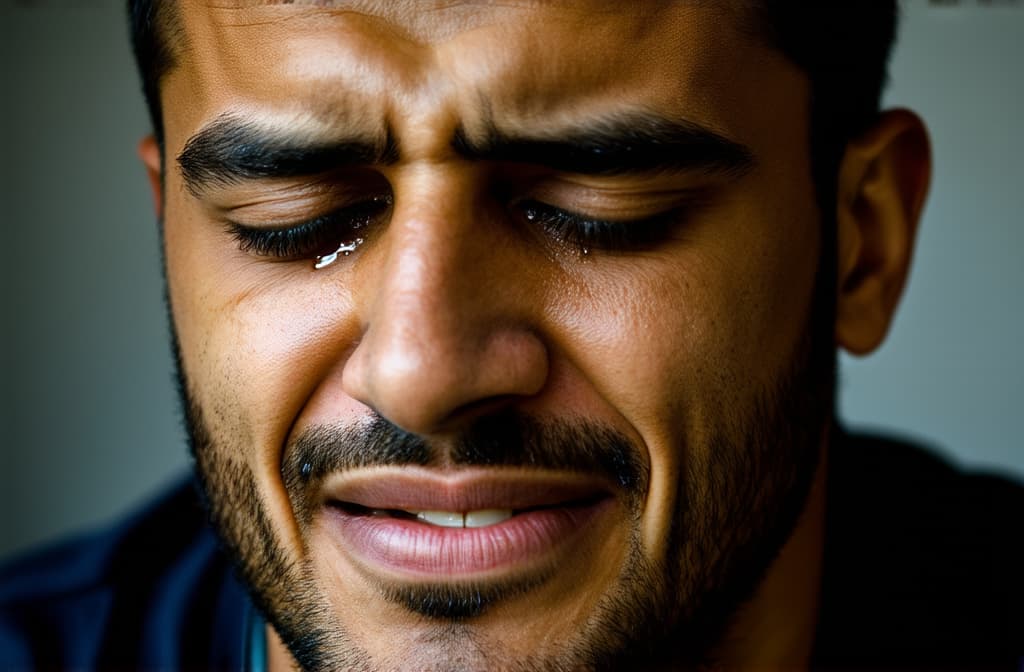  young sad middle eastern man crying with tears streaming down his cheeks. emotional breakdown, closed eyes and closed mouth ar 3:2, (natural skin texture), highly detailed face, depth of field, hyperrealism, soft light, muted colors