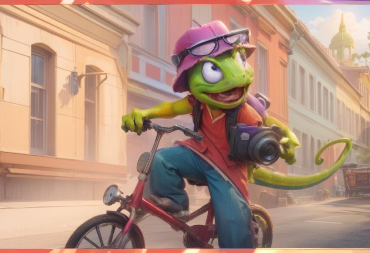  professional 3d model chameleon character on bike, sunny atmosphere, casual render . octane render, highly detailed, volumetric, dramatic lighting, civitai, oil painting