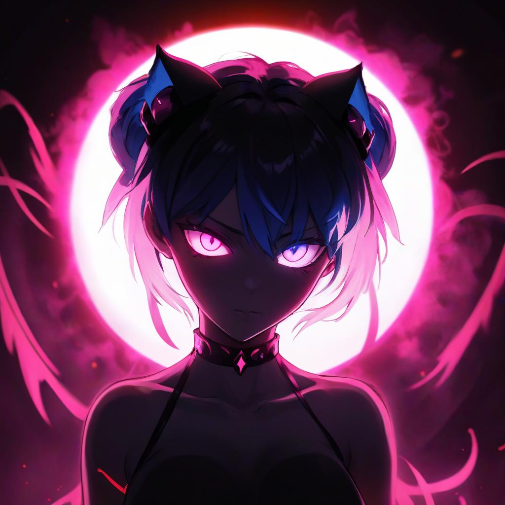  a close up of a person with blue hair, metal cat ears and glowing eyes, anime picture, deep crimson and dark shadows, perfect female body silhouette, bitcoin evil, ((pink)), style of madhouse anime, portrait of evil girl, it is night, looming head, glowneon