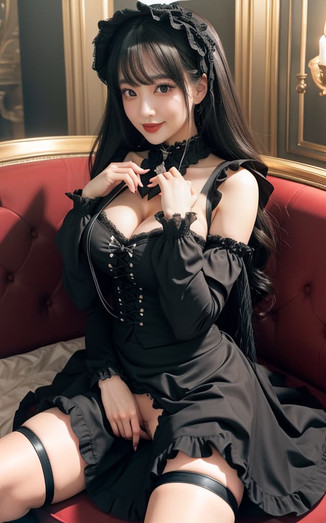 (32K, Real, RAW Photo, Best picture quality: 1.4), (((Beautiful big eyes, Double eyelids))), (((Actress: Nozomi Honda,))), (((Big smile))), (Black hair), (Wavy long hair)), Full anatomical body, (Delicate and beautiful eyes: 1. 3)), (((Couch, big thighs))) (((Couch, big thigh-open))), (((natural light)), (((Gothic Lolita fashion))), (((mini skirt))), (((thigh exposed))), (((sexy pose))), (((Gothic Lolita fashion)), (((mini skirt))) (((thigh exposed))), (((two hands Make a heart mark sign )))) hyperrealistic, full body, detailed clothing, highly detailed, cinematic lighting, stunningly beautiful, intricate, sharp focus, f/1. 8, 85mm, (centered image composition), (professionally color graded), ((bright soft diffused light)), volumetric fog, trending on instagram, trending on tumblr, HDR 4K, 8K
