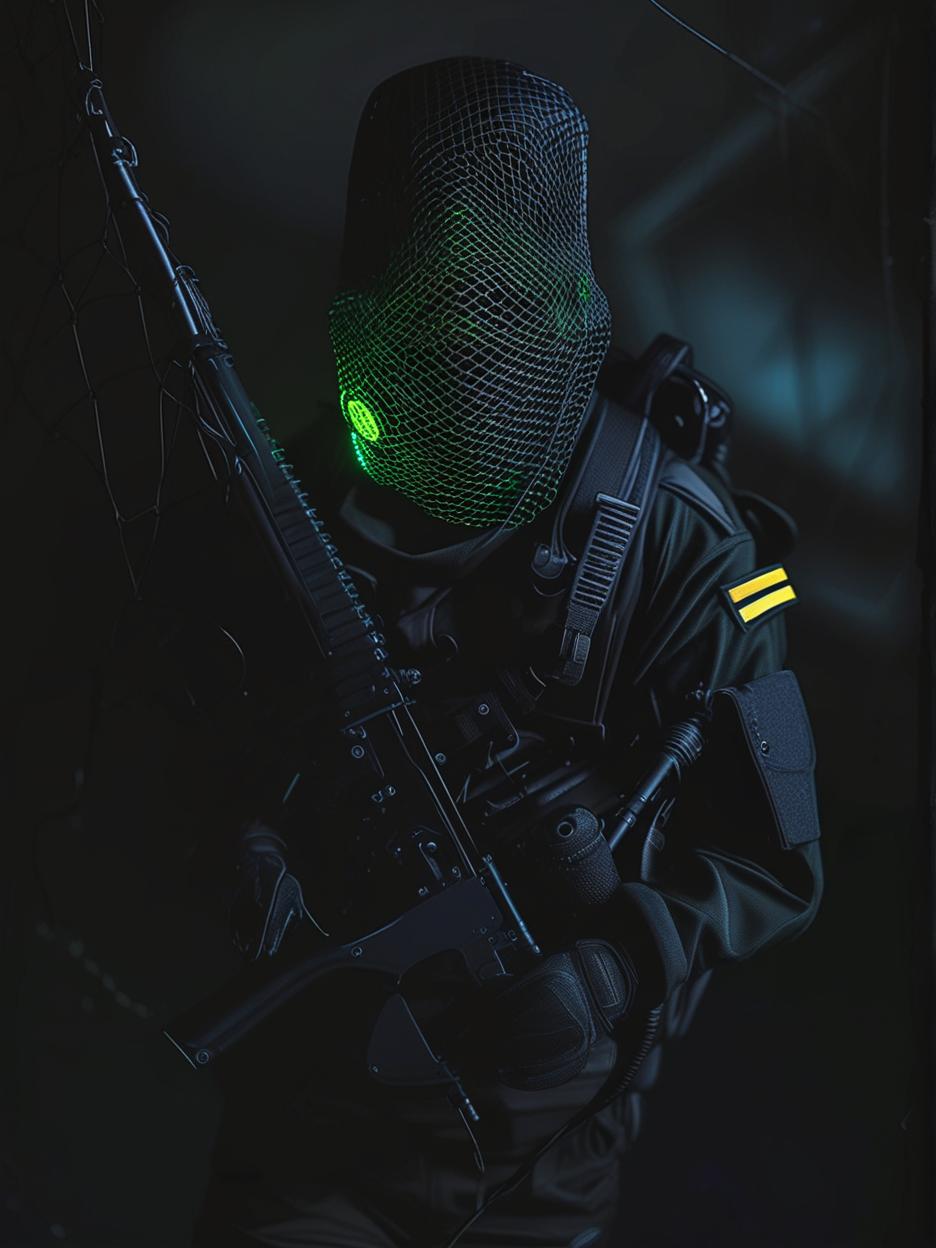  best quality, hd, create an image featuring a danish navy frogmen style helmet covered by a dense, dark black net that extends over their entire face. beneath this net, the musician wears a neon face mask with a glowing led circle prominently in the center. the neon circle should be visible through the net, the helmet should have the distinctive, utilitarian design of the danish frogmen, emphasizing its rugged and tactical appearance full black. the overall ambiance is dark and covert, with the netting making the face underneath invisible. the glowing neon circle frames the hidden face, creating a dramatic contrast between the dark, intricate net and the bright, shining neon.