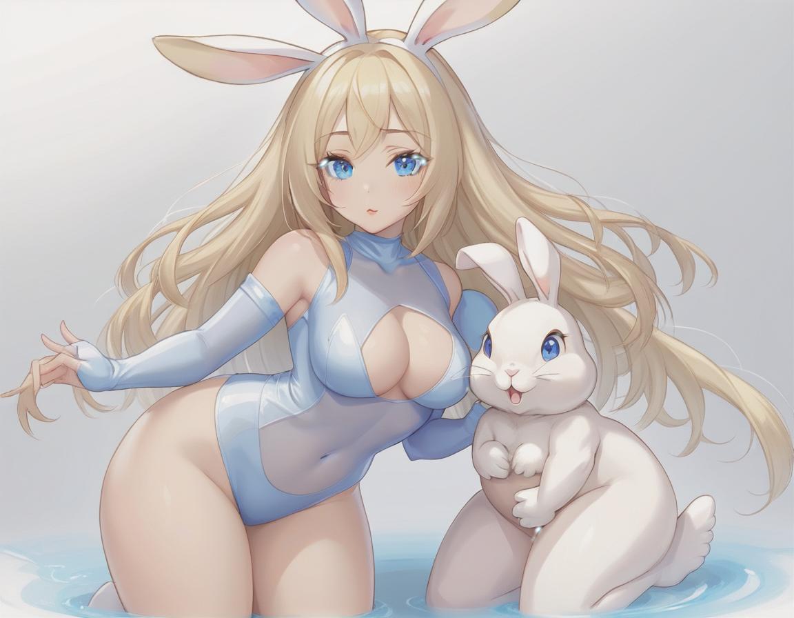  breathtaking girl blonde, blonde hair to shoulder blades, european face type, light skin, blue eyes, plump lips, small tummy at the bottom of the waist and outstanding thighs, transparent bunny suit . award winning, professional, highly detailed