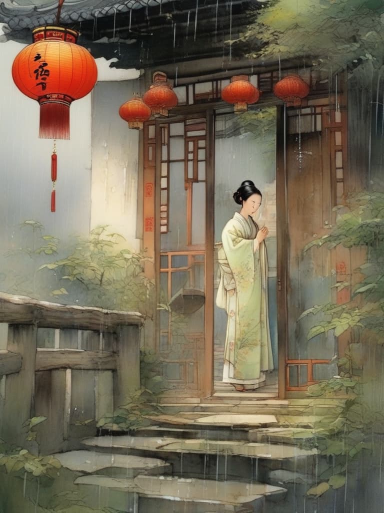  china's ancient garden, where the memories of the night appear, turns the camera to last night, with the wind and rain, the branches in the wind, and the rain rushes into the windows, making a sound of the sound. the sound of wind and rain is intertwined and forms a moving image。