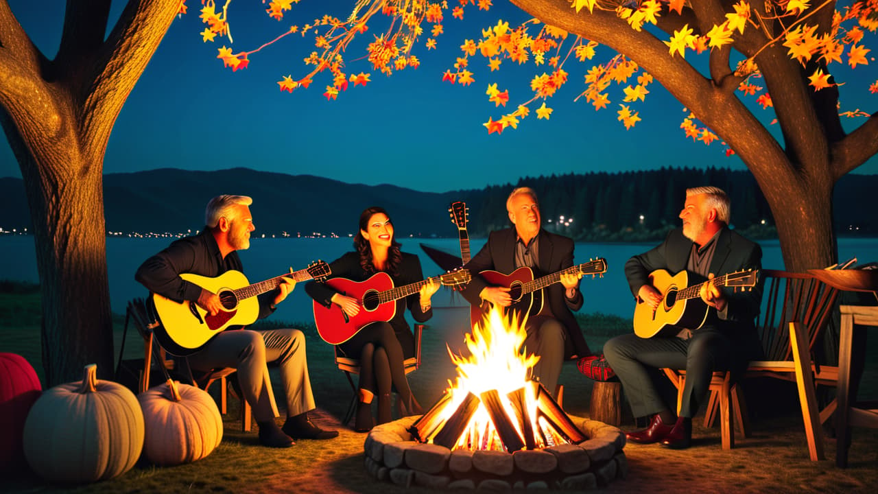  create an image of a rustic folk music scene: a cozy campfire surrounded by diverse musicians playing acoustic instruments, with vibrant autumn leaves, glowing lanterns, and an audience captivated under a starry night sky. hyperrealistic, full body, detailed clothing, highly detailed, cinematic lighting, stunningly beautiful, intricate, sharp focus, f/1. 8, 85mm, (centered image composition), (professionally color graded), ((bright soft diffused light)), volumetric fog, trending on instagram, trending on tumblr, HDR 4K, 8K