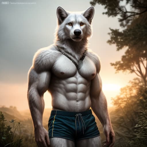  anthro, white wolf, male, adult, muscular, veiny muscles, shorts, topless, looking at viewer, realistic fur, detailed background, wilderness background, hyper realism, RAW photo, (realism, photorealistic:1.3), detailed, hi res hyperrealistic, full body, detailed clothing, highly detailed, cinematic lighting, stunningly beautiful, intricate, sharp focus, f/1. 8, 85mm, (centered image composition), (professionally color graded), ((bright soft diffused light)), volumetric fog, trending on instagram, trending on tumblr, HDR 4K, 8K