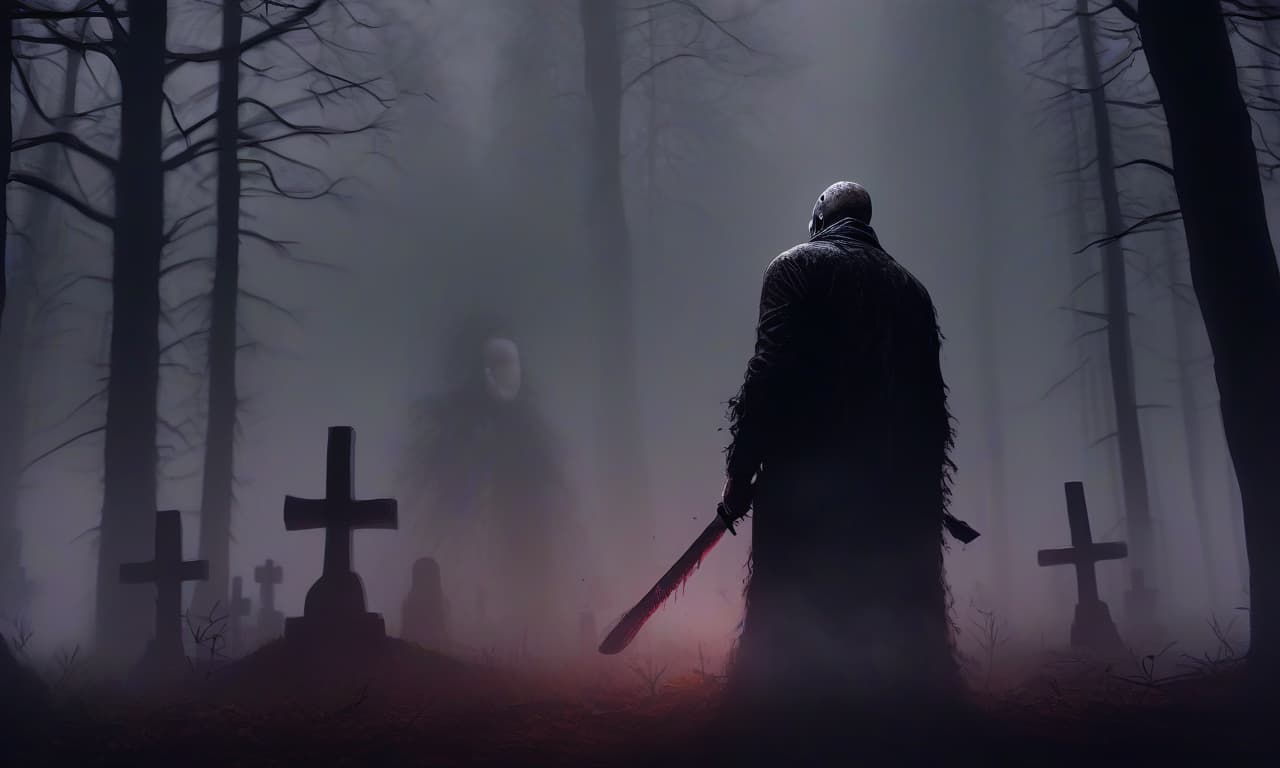  horror themed back view. jason voorhees is standing at the grave. the background is a forest in a dense fog . eerie, unsettling, dark, spooky, suspenseful, grim, highly detailed