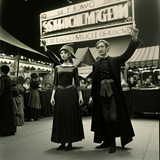  spouses of an elf and an elf in rich black clothes stand on stage in the night market, behind them an exhibition, dynamic, action packed, thrilling, by neil leifer, walter iooss jr., bob martin, eadweard muybridge, robert capa