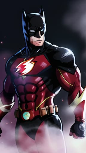  Batman and the flash fusion , Comic art, high quality, highly detailed, intricate, sharp focus, (centered image composition), (professionally color graded), ((western omit style)), volumetric fog, trending on instagram, HDR 4K, 8K