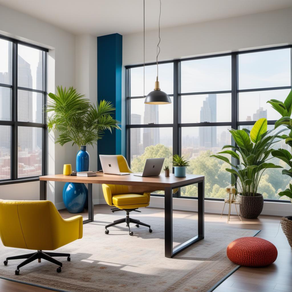  A vibrant, modern office space filled with colors that inspire, motivate, and give courage. The office should have elements like bright splashes of yellow, red accents, and soothing yet energizing shades of blue and green. Include sleek, contemporary furniture, plenty of natural light from large windows, and plants to add a touch of nature. hyperrealistic, full body, detailed clothing, highly detailed, cinematic lighting, stunningly beautiful, intricate, sharp focus, f/1. 8, 85mm, (centered image composition), (professionally color graded), ((bright soft diffused light)), volumetric fog, trending on instagram, trending on tumblr, HDR 4K, 8K