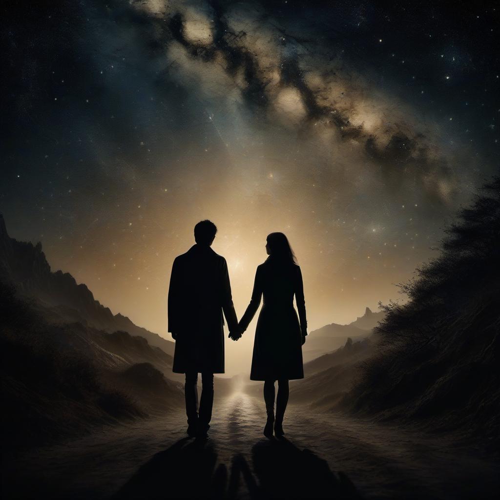  hyperrealistic art signs of fate, people who meet on the path of life, a gift of fate, a man and a woman, silhouettes against the background of stars . extremely high resolution details, photographic, realism pushed to extreme, fine texture, incredibly lifelike, hkmagic