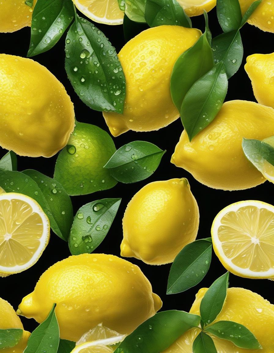  juicy yellow lemons with dew drops and green leaves, many, on a black background, shot at a distance of 100 cm, hyperrealistic, professional photo, 5d, realistic, 64k, high resolution, high detail, bright and juicy, bright lighting, aesthetically pleasing, beautiful