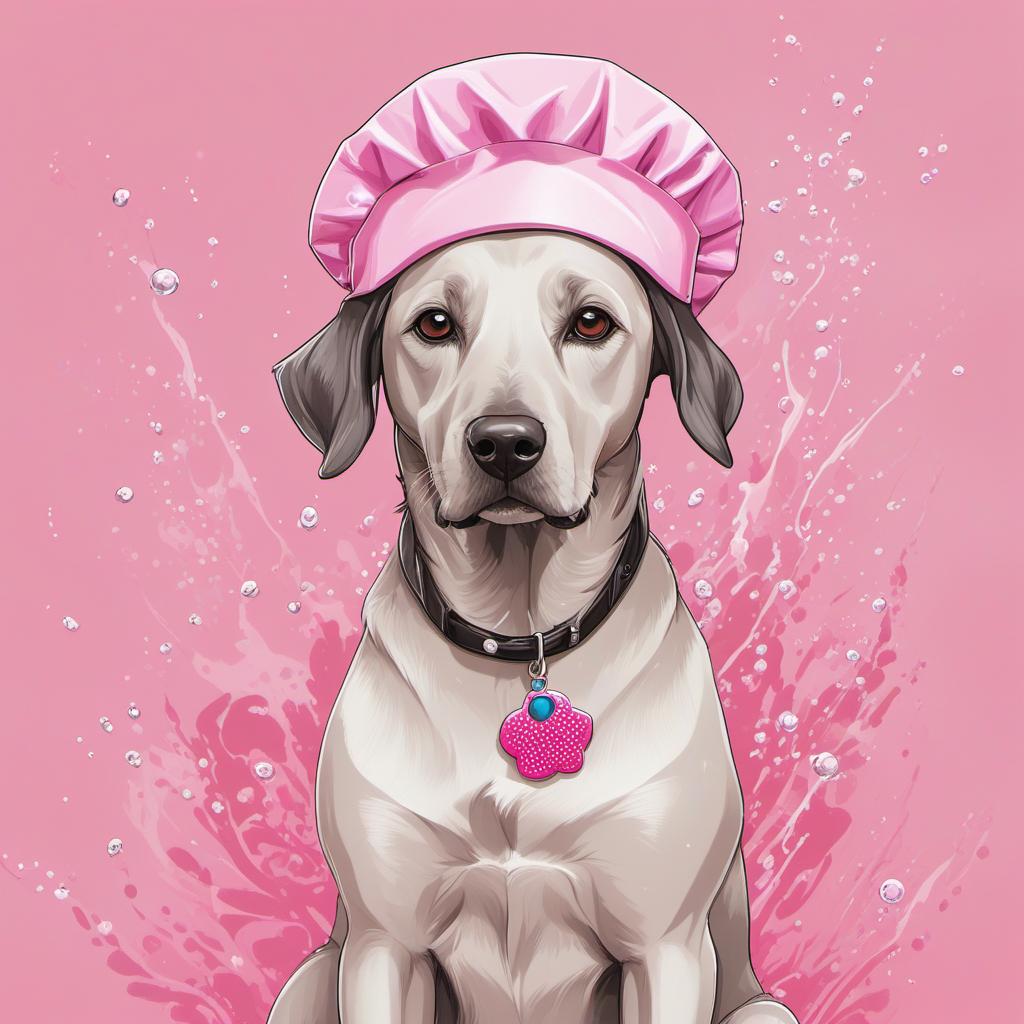  weimeriner dog with pink background and shower cap on, comic style, manga and manhwa style, painting style