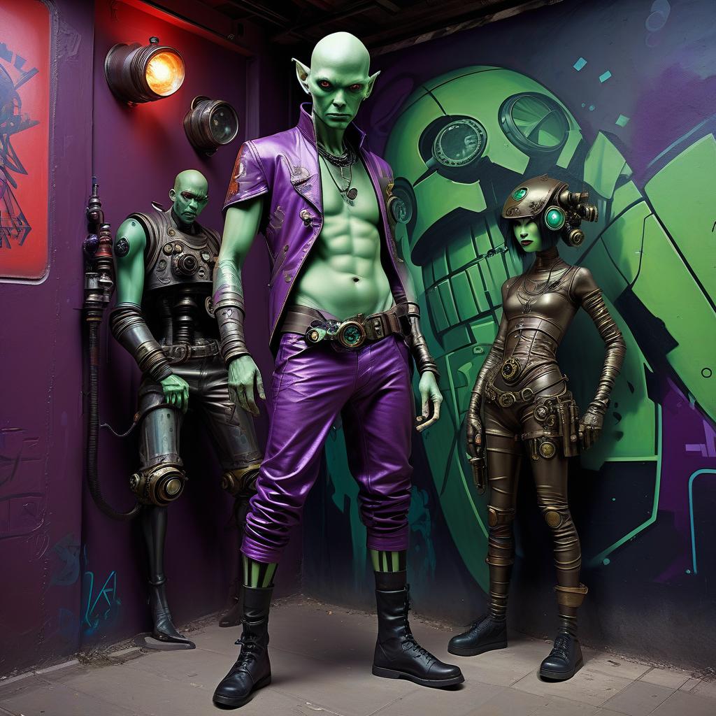  graffiti style a group of space pirates, a young alien of thai appearance, 20 year, purple skin, medium sized elastic , elegant thin waist, long slender legs, green hair. man, 40 year, small, fat, bald, black. next to the droid and minotaur. full length image, steampunk, dieselpunk, paropunk, standing in a space tavern, against a background of red light. . street art, vint, urban, detailed, tag, mural