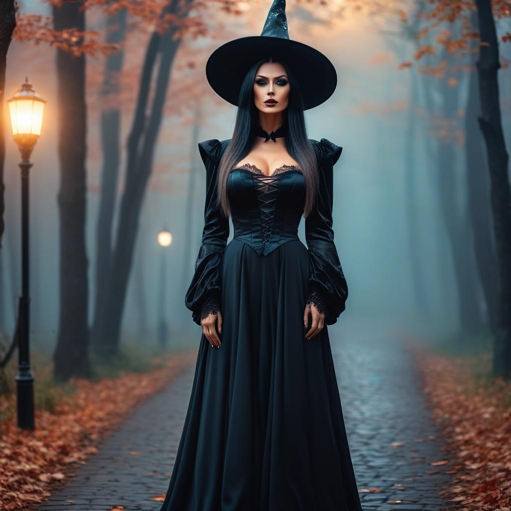  cinematic photo halloween, beautiful, witch , in full growth, looking at the camera, view from the back . 35mm photograph, film, bokeh, professional, 4k, highly detailed, perfecteyes hyperrealistic, full body, detailed clothing, highly detailed, cinematic lighting, stunningly beautiful, intricate, sharp focus, f/1. 8, 85mm, (centered image composition), (professionally color graded), ((bright soft diffused light)), volumetric fog, trending on instagram, trending on tumblr, HDR 4K, 8K