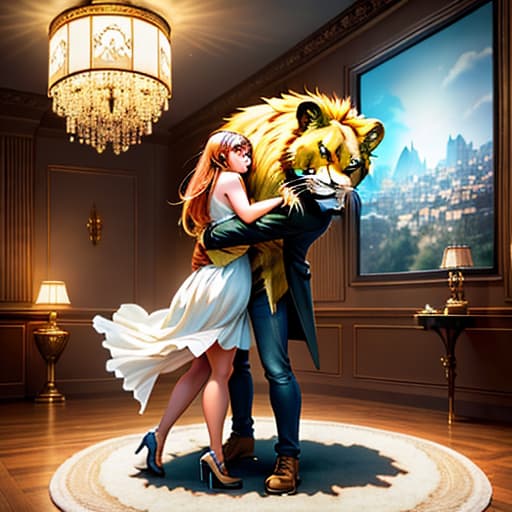  a big cat hugs a cute girl in the living room,pokemon,lion hyperrealistic, full body, detailed clothing, highly detailed, cinematic lighting, stunningly beautiful, intricate, sharp focus, f/1. 8, 85mm, (centered image composition), (professionally color graded), ((bright soft diffused light)), volumetric fog, trending on instagram, trending on tumblr, HDR 4K, 8K