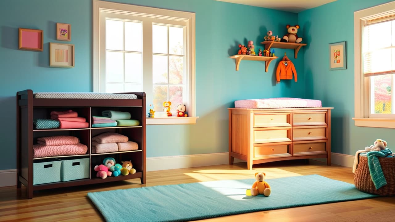  a cozy nursery scene with a changing table, neatly folded second hand baby clothes in pastel colors, a gentle sunlight filtering through a window, and a soft plush toy on a colorful rug. hyperrealistic, full body, detailed clothing, highly detailed, cinematic lighting, stunningly beautiful, intricate, sharp focus, f/1. 8, 85mm, (centered image composition), (professionally color graded), ((bright soft diffused light)), volumetric fog, trending on instagram, trending on tumblr, HDR 4K, 8K