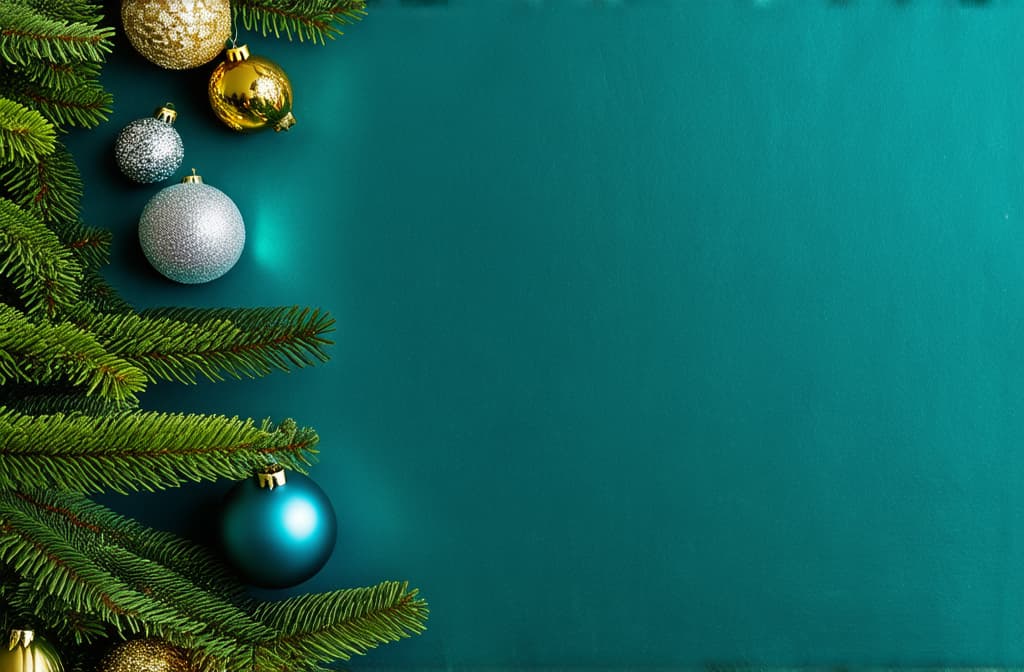  professional detailed photography, new year vertical dark turquoise background with gold and silver balls on fir branches with space for text ar 3:2, (muted colors, dim colors, soothing tones), (vsco:0.3)