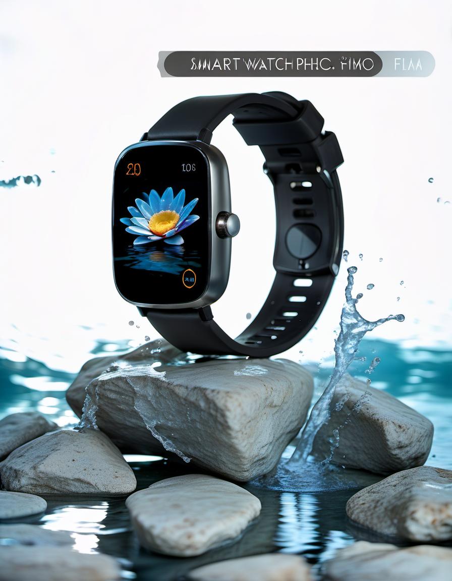  smart watch on stone, around water splash, light background, film photography style