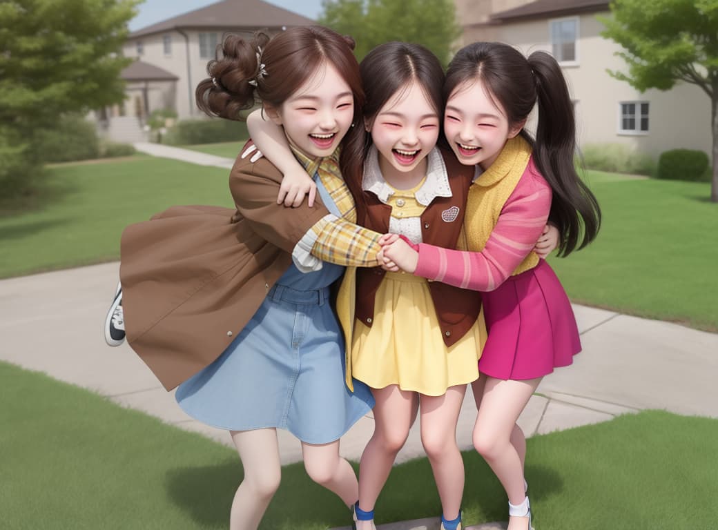  masterpiece, best quality, three girls are hugging and laughing, and two of the girls are holding hands.