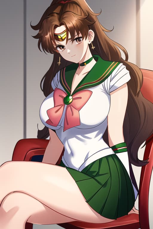  a curved women with reddish black hair and gray eyes sitting down in a chair with her in her as her and hip’s spilled out of a seat in a uniform,(sailor jupiter:1.3), (masterpiece), (highest quality), (intricate), (high detail)