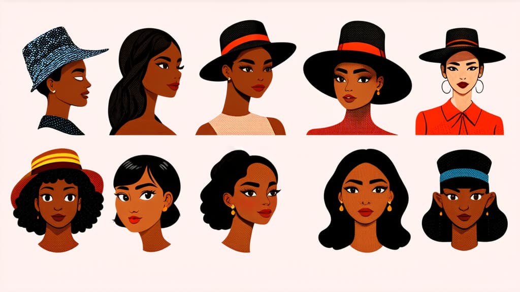  flat illustration, flaticon, (illustration:1.15), different beauty. set of different female heads in hats. different races and nationalities. colored hand drawn illustration ar 16:9, [cory loftis, strobist, pascal campion :: 0.2]