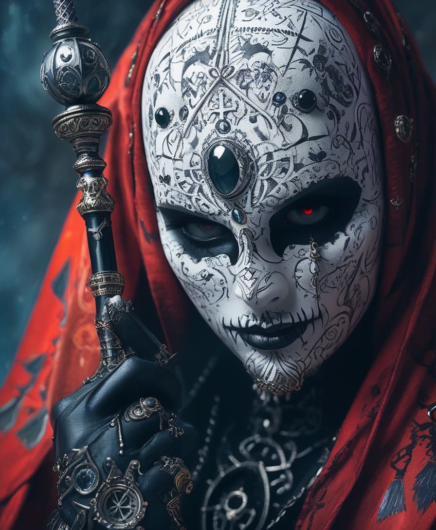  (masterpiece, high resolution, photo realistic:1.2), (gothic art, featured on cgsociety:1.1), techwear occultist, (featured on cgsociety, gothic art:1.1), (black and white mask:1.1), ornate and intricate details, victorian inspired design, (wrapped in ornate, arcane symbols:1.1), mysterious and enigmatic expression, (wielding a staff, adorned with gemstones:1.1), (staff holding a glowing orb:1.1), (contemplative, introspective atmosphere:1.1), (russian shamanic elements:1.1), (bladee from drain gang inspired:1.1), (cosplay, occultist, shamanic, gothic, russian:1.1)