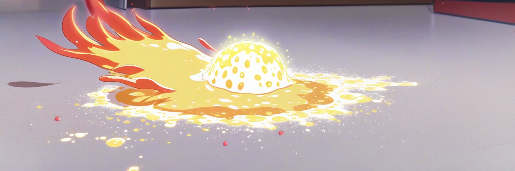  anime artwork side view: a of 18 tries to conjure a magical fireball lying on the floor, all in white slimy sticky secretions . anime style, key visual, vint, studio anime, highly detailed, hkmagic