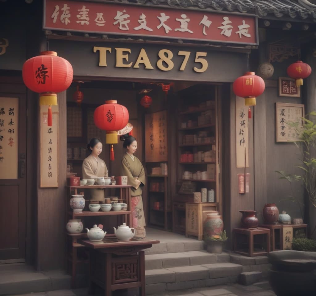  chinese town, tea store, tea ceremony, sign text “tea875”, epic foto, 4k