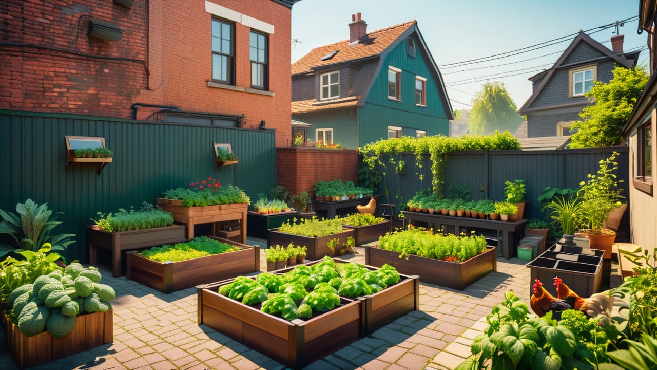  a vibrant urban garden scene featuring raised vegetable beds, chickens pecking in a small backyard, potted herbs on a patio, a compost bin, and solar panels on a cozy home, surrounded by city buildings. hyperrealistic, full body, detailed clothing, highly detailed, cinematic lighting, stunningly beautiful, intricate, sharp focus, f/1. 8, 85mm, (centered image composition), (professionally color graded), ((bright soft diffused light)), volumetric fog, trending on instagram, trending on tumblr, HDR 4K, 8K