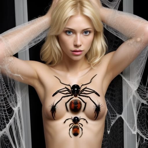  Blonde woman with spiders on her body with no shirt