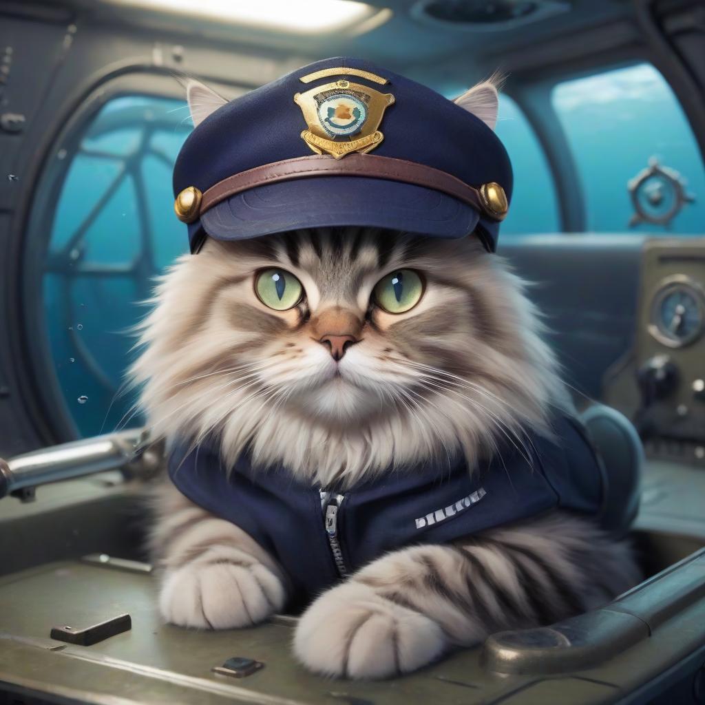  siberian cat in a cap in a submarine