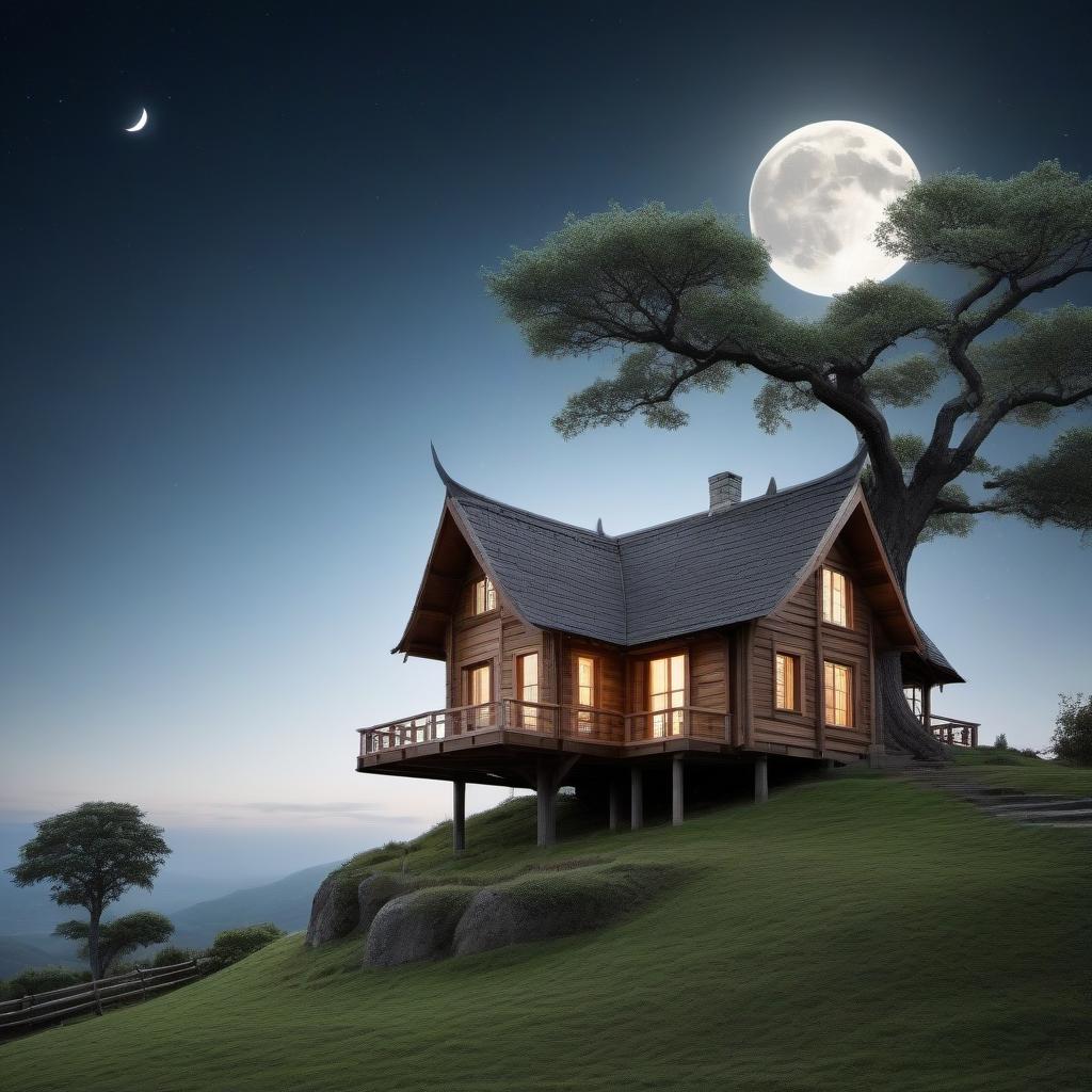  A wooden house from which a tree grows and a dwarf sits on top and holds the moon